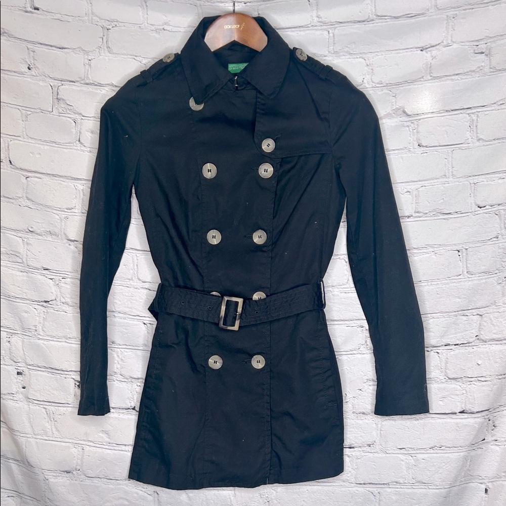 United Colors Of Benetton Black Double-Breasted Belted Black Trench Coat Size 4